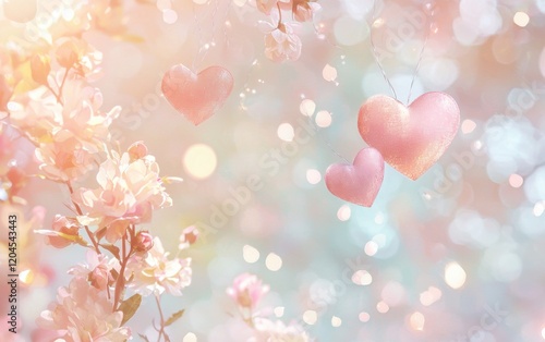 A soft pastel background with floating heart shapes, delicate spring flowers, and glowing fairy lights for Valentines Day and Womens Day