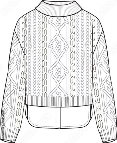 Women's 2 in 1 Cable Jumper. Technical fashion illustration. Front, white color. Women's CAD mock-up.
