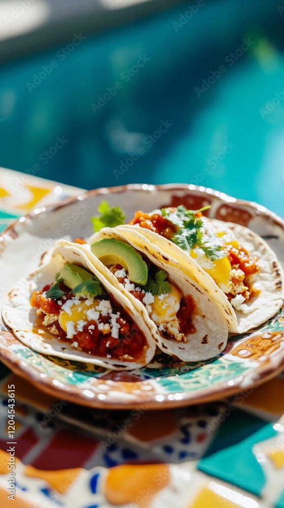 vibrant and refreshing composition of a Mexican breakfast featuring tacos with eggs, avocado, and salsa sauce, styled on an uneven ceramic plate by the pool vibrant and refreshing composition of a Mexican breakfast featuring tacos with eggs, avocado, and salsa sauce, styled on an uneven ceramic plate by the pool