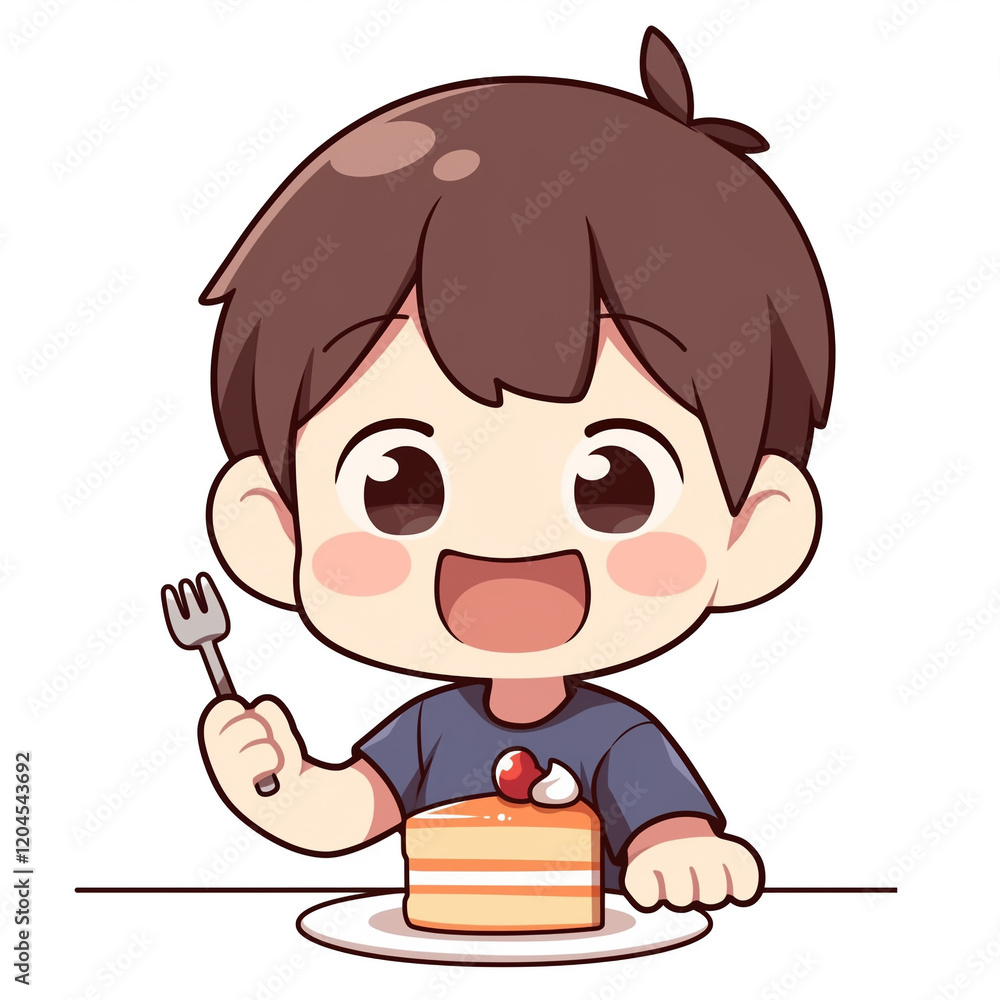 A cartoon boy happily holding a fork in front of a cake on a plate A cartoon boy happily holding a fork in front of a cake on a plate
