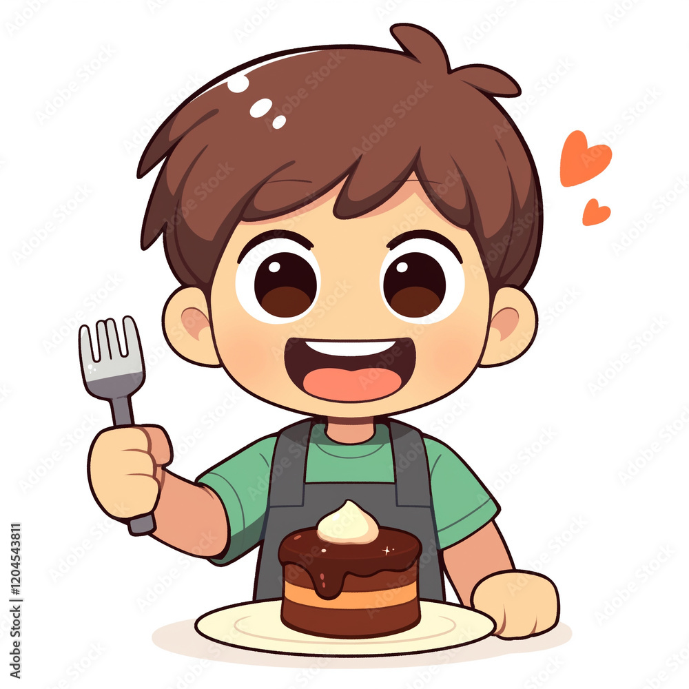 A cartoon boy happily holding a fork in front of a cake on a plate