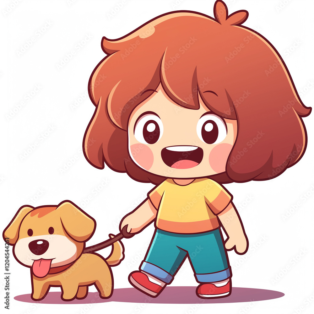 Obraz premium A cartoon girl walking the dog