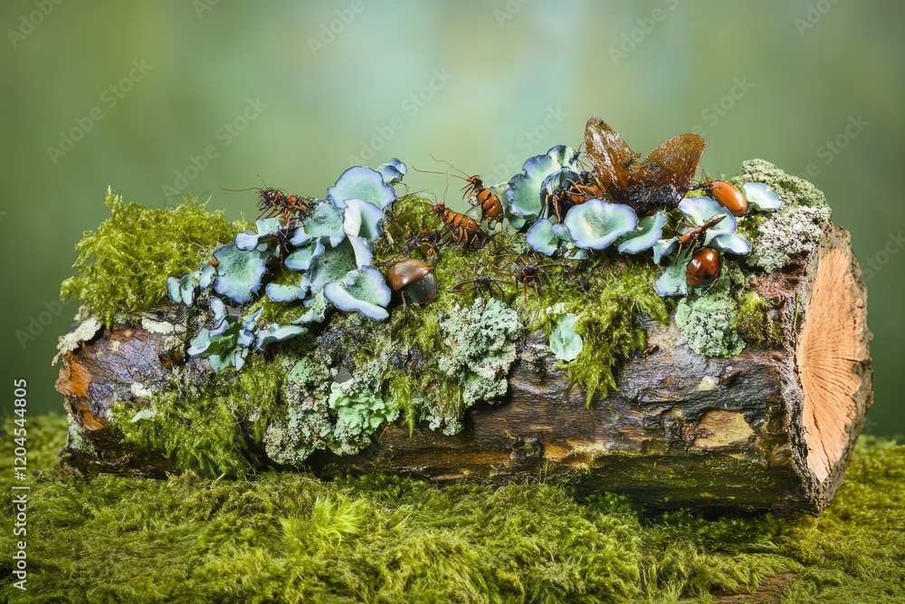 Naklejka premium Insects and fungi thrive on a mossy log in a vibrant forest setting.