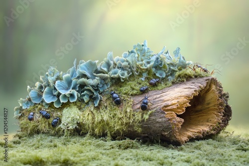 Ants and beetles on a mossy log, adorned with bluish-grey lichen, in a forest setting. photo