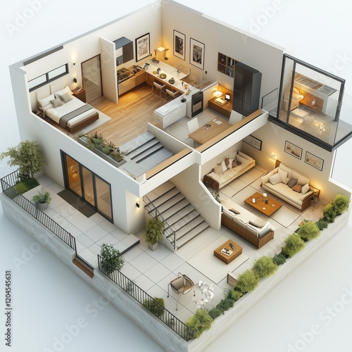 3D plan of a house with three floors, cozy interior design, a living room, and a bedroom on each level.
