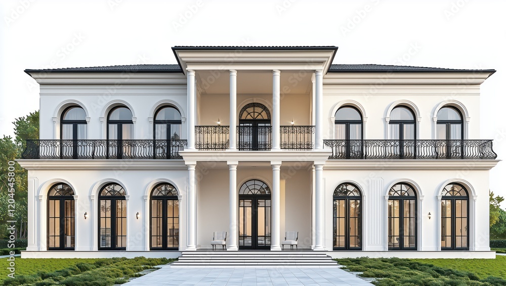 3D rendering of a luxury two-story villa with white walls, black tiles, large windows, arched doors, and an open courtyard surrounded by green lawns. 3D rendering of a luxury two-story villa with white walls, black tiles, large windows, arched doors, and an open courtyard surrounded by green lawns.