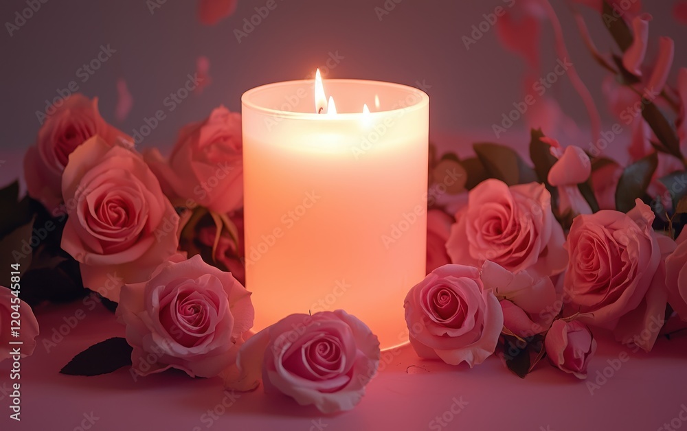 A romantic candle centerpiece surrounded by roses and glowing under soft light on a blush pink surface for valentines day A romantic candle centerpiece surrounded by roses and glowing under soft light on a blush pink surface for valentines day
