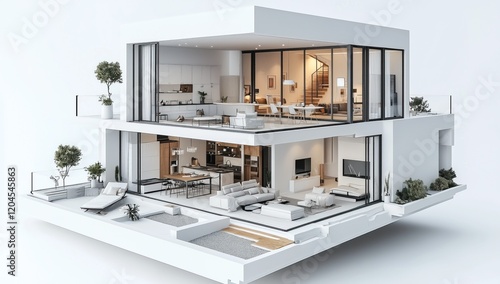 3D rendering of a modern house plan with three floors, white color theme, highly detailed with a high-resolution interior and exterior perspective.