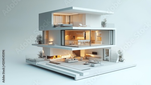 3D rendering of a modern house plan with three floors, white color theme, highly detailed with a high-resolution interior and exterior perspective.