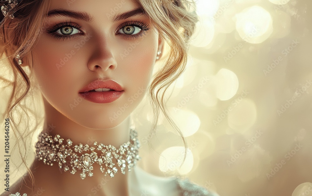 Fototapeta premium An elegant portrait of a woman wearing a diamond-studded choker, her eyes shining under soft light, with a creamy beige background blur for valentines day