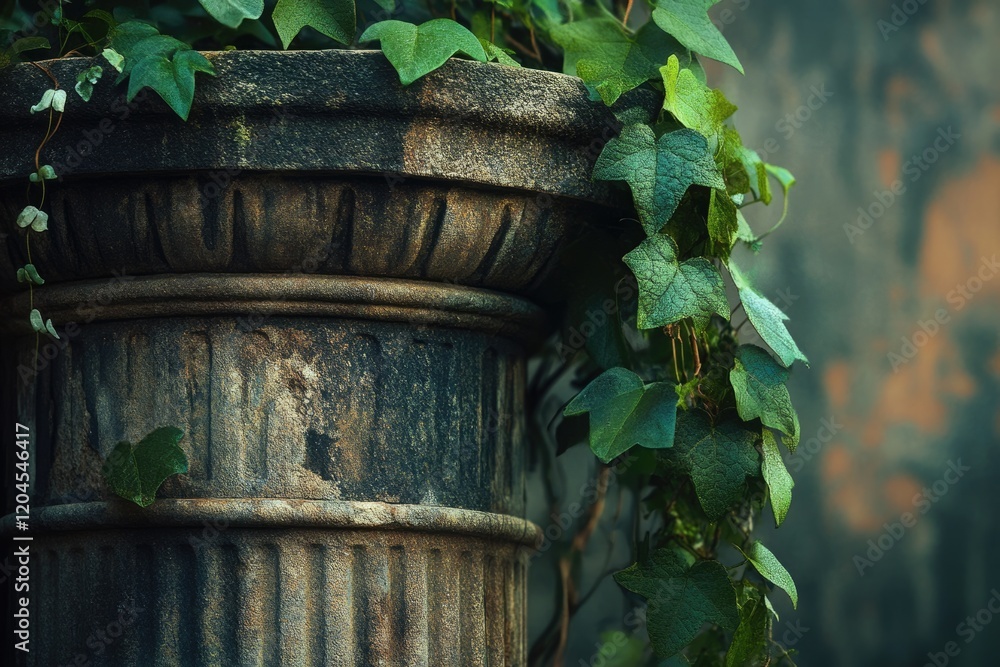 Fototapeta premium Ancient stone column, weathered and aged, adorned with vibrant green ivy, creating a mystical ambiance.