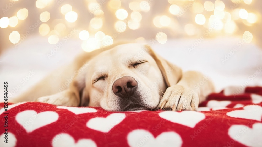 Cozy dog relaxing on heart-themed blanket in warm atmosphere Cozy dog relaxing on heart-themed blanket in warm atmosphere