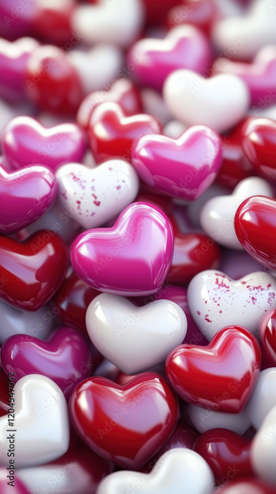 Fototapeta premium Colorful 3D Heart-Shaped Candies in Multicolored Tones, Vibrant and Festive Design for Valentine's Day Celebrations, 3D Heart Candy Background