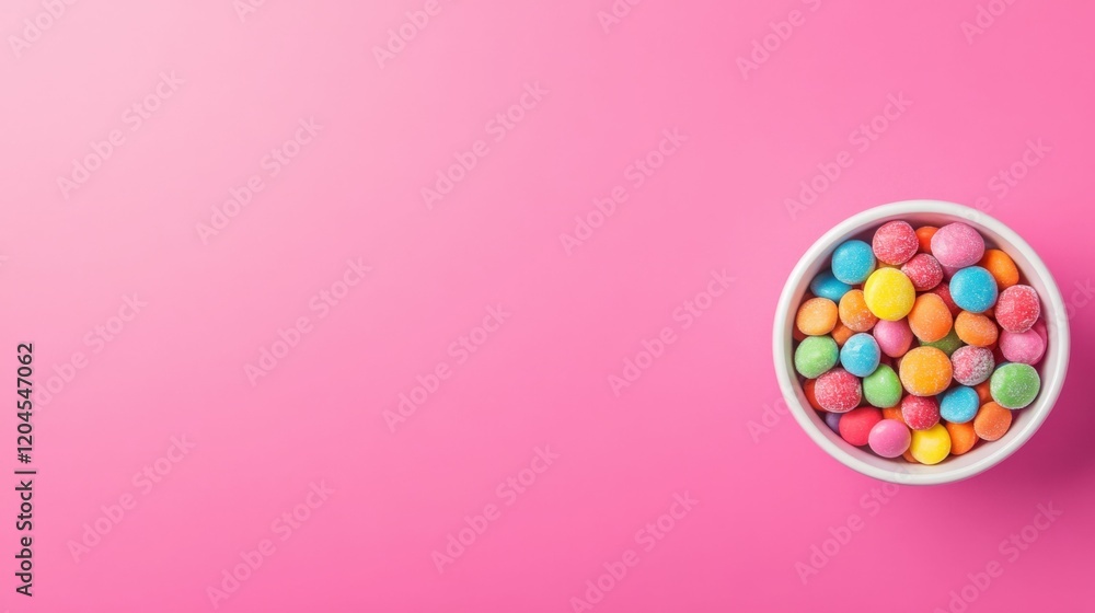 Obraz premium Colorful assorted candies in white bowl on vibrant pink background