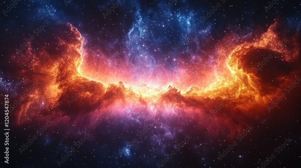 A vibrant cosmic nebula with swirling colors of orange, pink, and blue against a starry backdrop A vibrant cosmic nebula with swirling colors of orange, pink, and blue against a starry backdrop