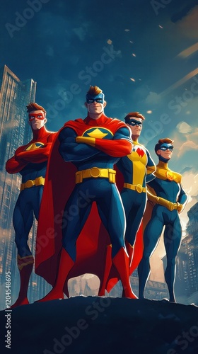 Four superheroes stand together, city backdrop.
