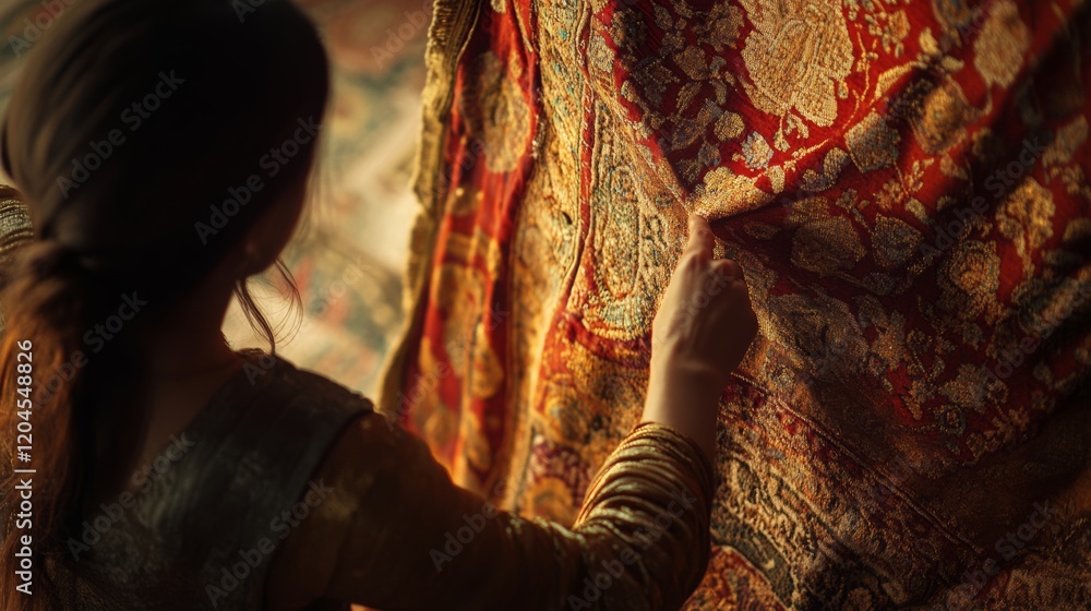 Fototapeta premium A woman inspects intricate fabric patterns with care, highlighting traditional craftsmanship and cultural heritage.
