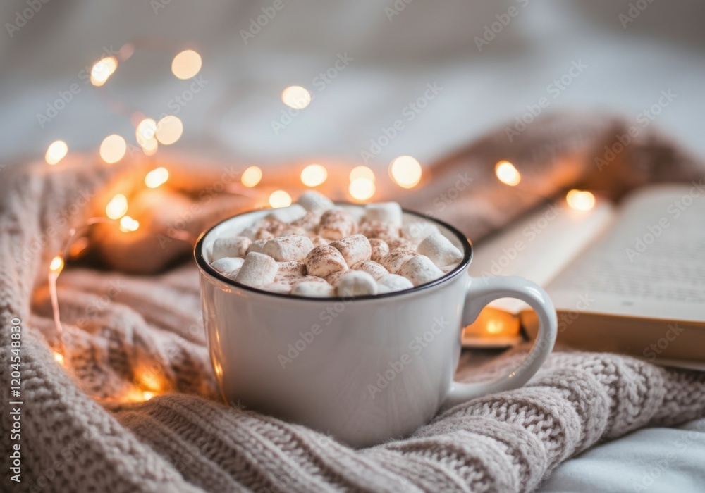 Mug filled with hot chocolate, marshmallows and cinnamon powder, placed on knitted sweater next to open book and fairy lights, creating cozy winter atmosphere Mug filled with hot chocolate, marshmallows and cinnamon powder, placed on knitted sweater next to open book and fairy lights, creating cozy winter atmosphere