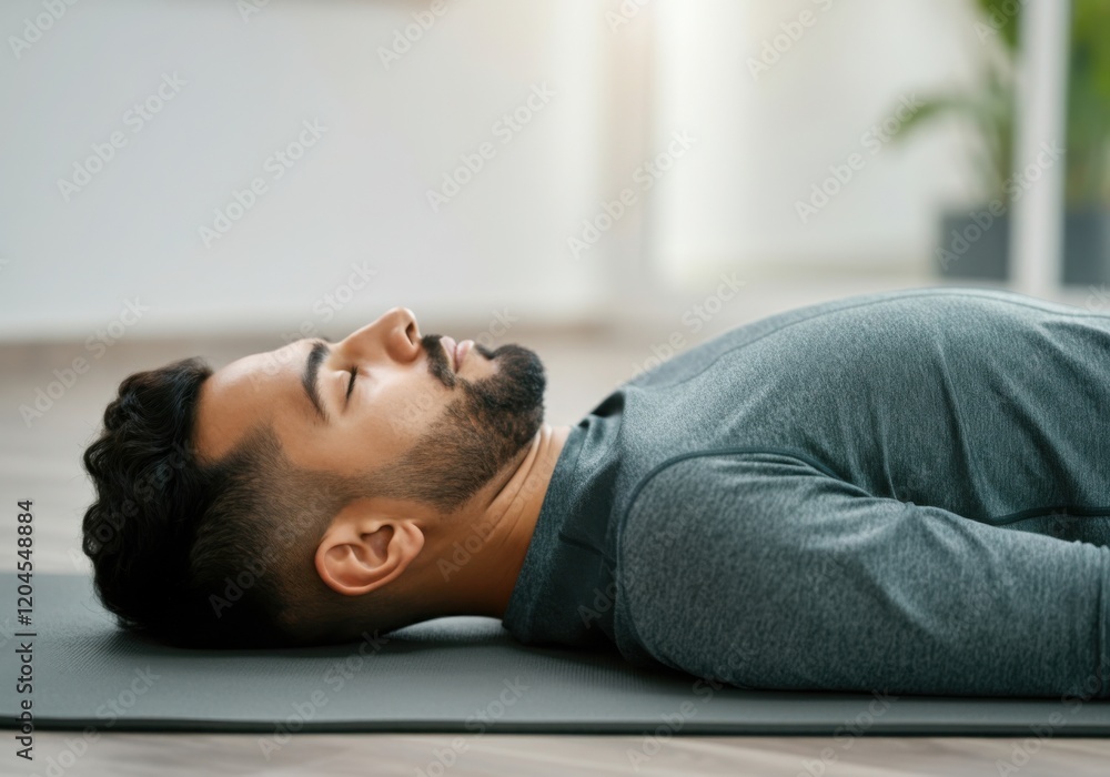Fototapeta premium Athletic man resting on yoga mat after workout, enjoying moment of peace and tranquility