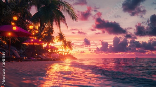 Idyllic beach sunset scene with palm trees, lounge chairs, and pink umbrellas.