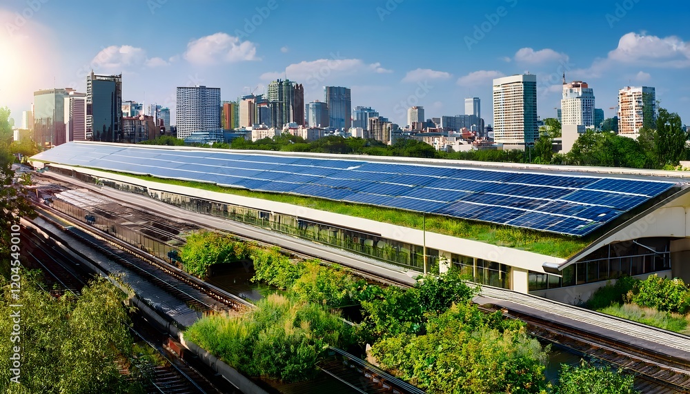 Solar-powered train station with green rooftop and modern city skyline in the background Solar-powered train station with green rooftop and modern city skyline in the background
