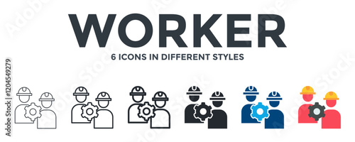 Worker Icon In Different Style Vector Illustration. Designed In Thin Line, Regular Line, Bold Line, Glyph, Color Fill, And Flat Style Can Be Used For Web