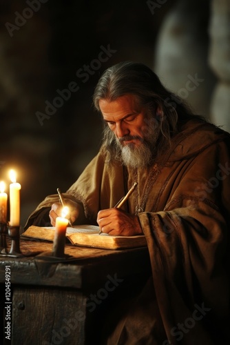 In a candlelit room or dungeon, a seasoned prophet's disciple transcribes sacred texts. An ancient man in medieval times writes on his desk. Bald and bearded, he wears a tattered robe in a stone photo