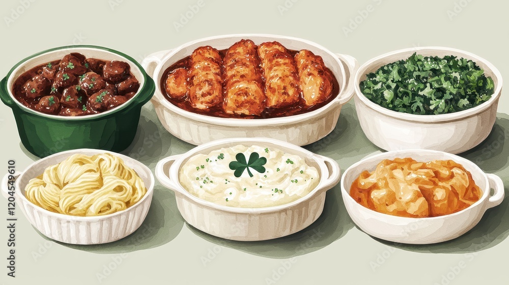 A colorful array of delicious dishes including meatballs, fried food, pasta, and greens in various bowls, showcasing a delightful spread for a meal. A colorful array of delicious dishes including meatballs, fried food, pasta, and greens in various bowls, showcasing a delightful spread for a meal.