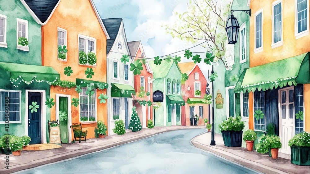 Fototapeta premium A charming street scene with colorful houses adorned with greenery and festive decorations, evoking a cheerful, vibrant atmosphere.