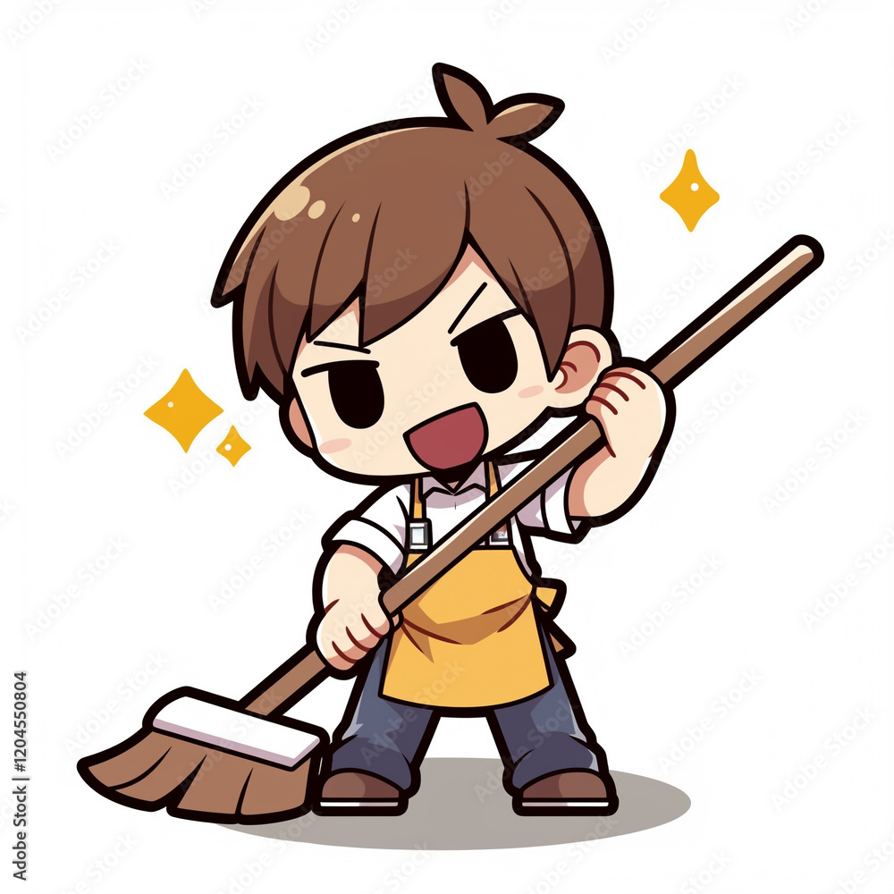 A cartoon of boy cleaning with a broom A cartoon of boy cleaning with a broom