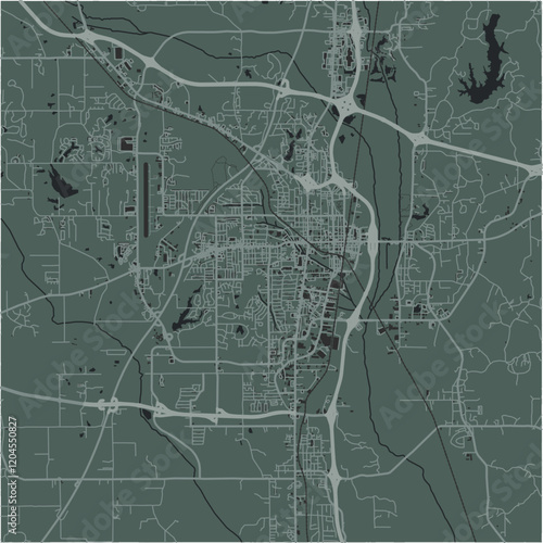 Map of Tupelo in Mississippi in a smooth dark style. Contains layered vector with roads water, parks, etc.