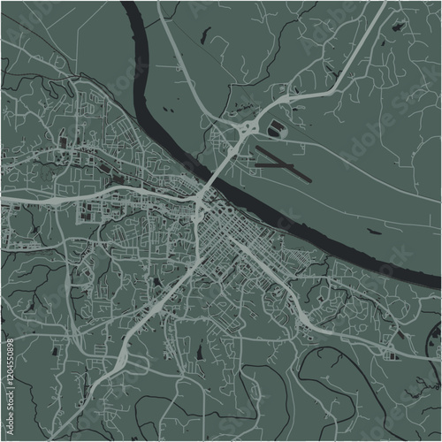Map of Jefferson City in Missouri in a smooth dark style. Contains layered vector with roads water, parks, etc.