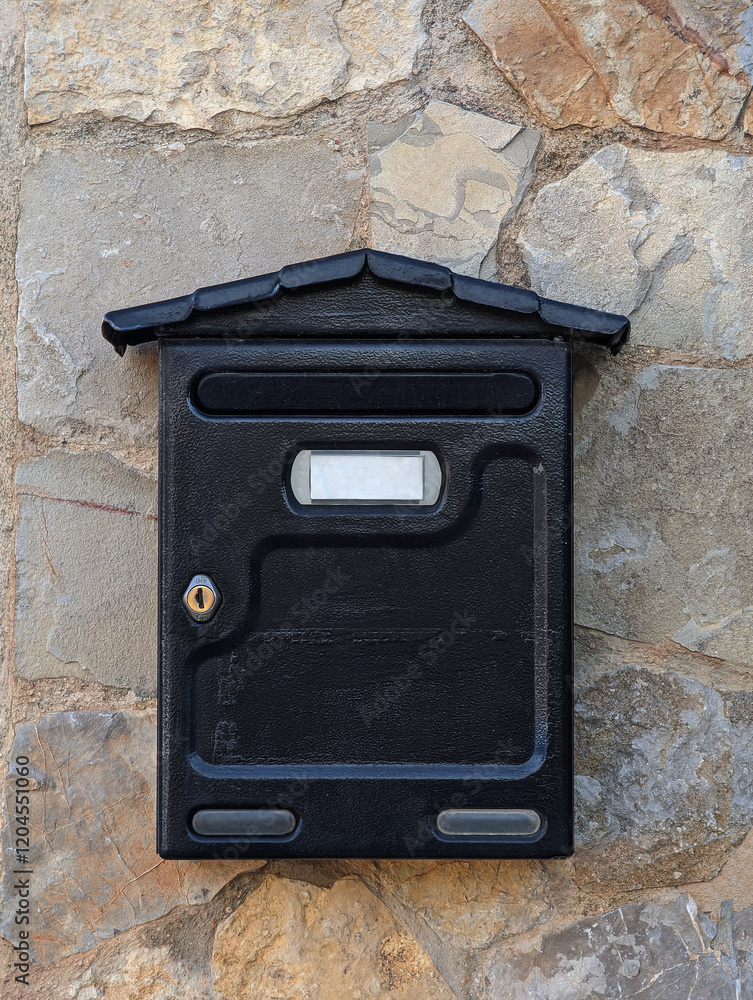 Close-up of black metal classic mailbox on textured rustic stone wall with address label and secure lock mechanism. Letterbox for Mediterranean style outdoor decor. Close-up of black metal classic mailbox on textured rustic stone wall with address label and secure lock mechanism. Letterbox for Mediterranean style outdoor decor.