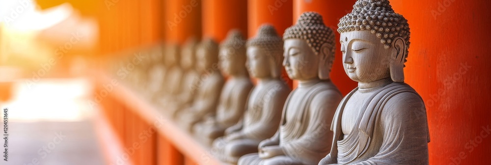 Fototapeta premium In a temple corridor, serene Buddha statues seated on stone pedestals stand, representing spirituality, serenity, and cultural legacy from days of old.