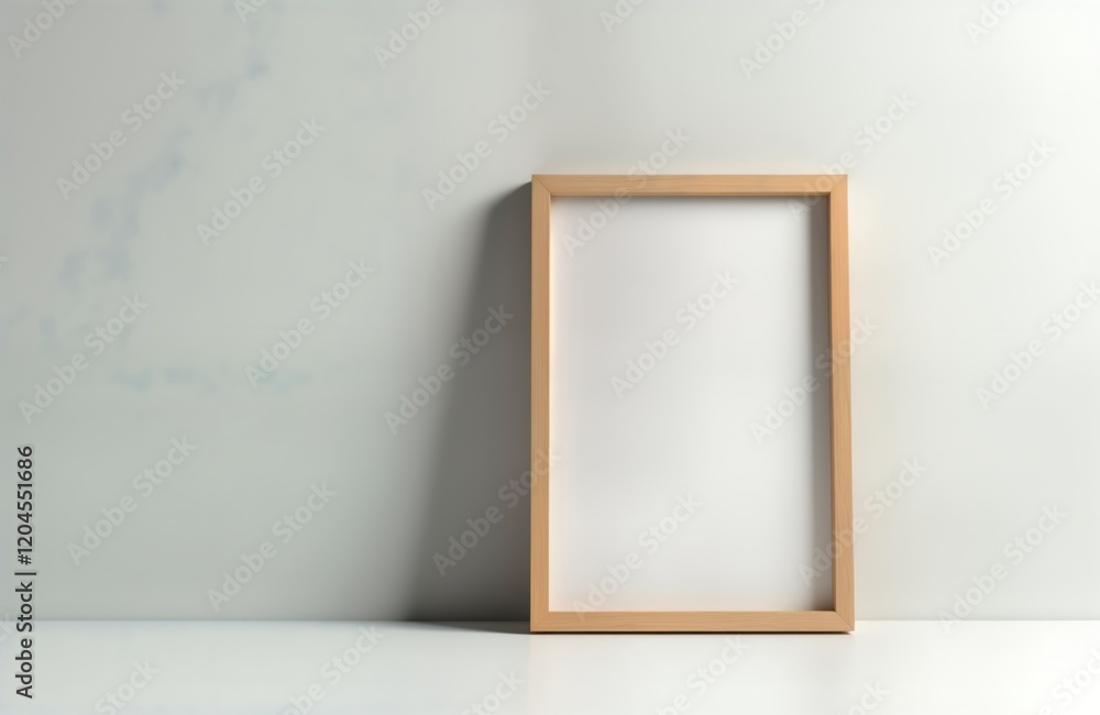 Empty light brown wooden picture frame leans against light background. Minimalist design. Simple frame. Blank frame. Photo frame. Wall decor. Interior design. Home decor. Art display. Empty space Empty light brown wooden picture frame leans against light background. Minimalist design. Simple frame. Blank frame. Photo frame. Wall decor. Interior design. Home decor. Art display. Empty space