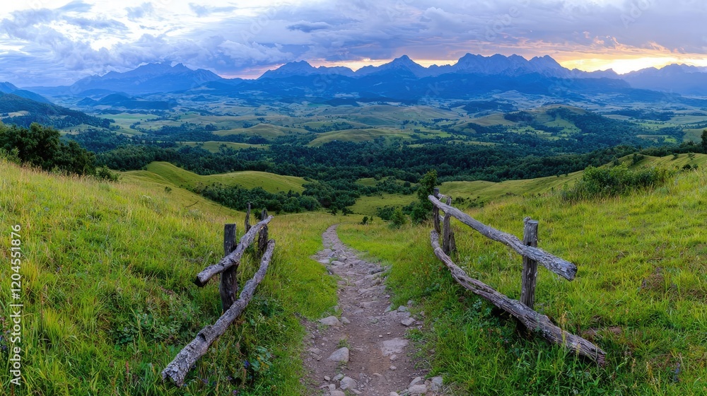 Mountain path sunset landscape, scenic hiking trail Mountain path sunset landscape, scenic hiking trail