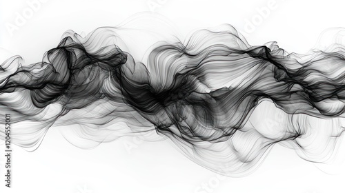 Abstract grayscale artwork featuring flowing, ethereal black lines against a white background.  A mesmerizing dance of elegant curves and shadows creating a sense of movement and fluidity.