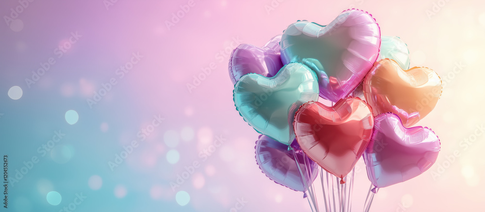 Fototapeta premium Vibrant Heart-Shaped Balloons in Soft Pastel Tones, 3D Render, Romantic Valentine's Day Decor, Dreamy and Whimsical Atmosphere, Copy Space 