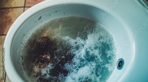 A bathroom sink with hair and gunk visible in the drain, water draining very slowly photo