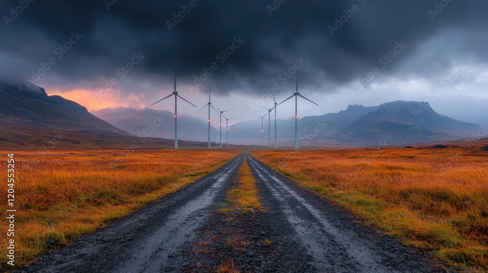 Icelandic road to wind farm under stormy sky Icelandic road to wind farm under stormy sky