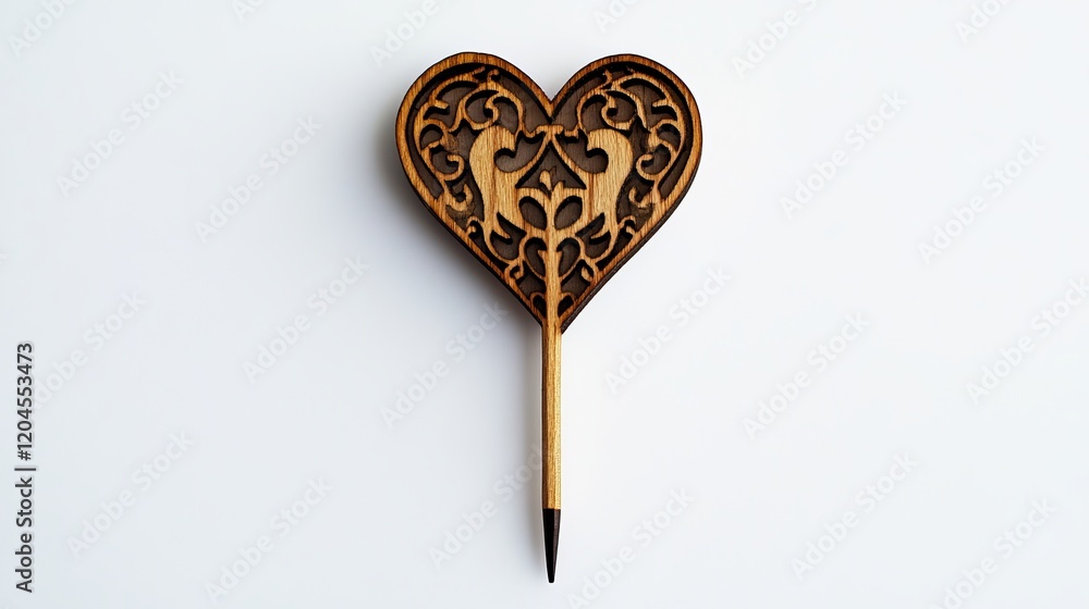 A cocktail pick featuring a decorative wooden heart, set against a plain white background A cocktail pick featuring a decorative wooden heart, set against a plain white background