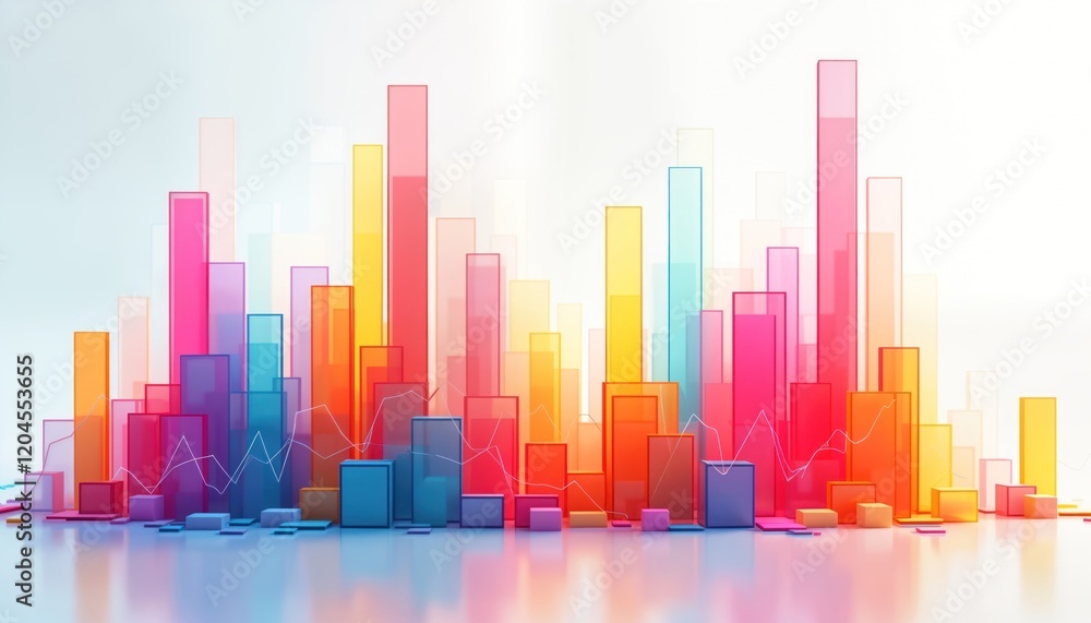 Abstract graphic illustration of colorful financial graphs, charts. Transparent vibrant bar charts, diagrams create dynamic visual representation of business progress, growth. No people in image, Abstract graphic illustration of colorful financial graphs, charts. Transparent vibrant bar charts, diagrams create dynamic visual representation of business progress, growth. No people in image,