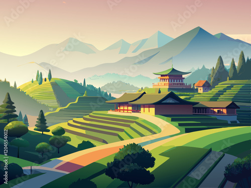 A traditional Chinese tea plantation on terraced hills under a soft morning mist.