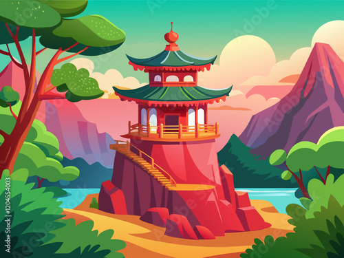 A vibrant red pagoda perched on a cliff surrounded by lush greenery.