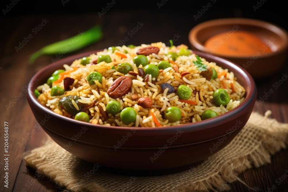 Healthy Soybean pulao or Soya chunk fried Rice with peas and beans Presented in a bowl on a vibrant or woody backdrop Focused display Healthy Soybean pulao or Soya chunk fried Rice with peas and beans Presented in a bowl on a vibrant or woody backdrop Focused display