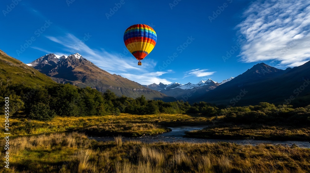 Fototapeta premium Majestic Mountain Landscape with Colorful Hot Air Balloon Soaring High Above Serene Valley