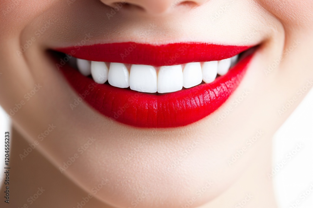 Closeup of Woman's Smile Red Lipstick White Teeth Closeup of Woman's Smile Red Lipstick White Teeth