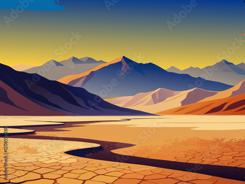 A barren desert landscape in Death Valley with cracked earth and distant mountains.