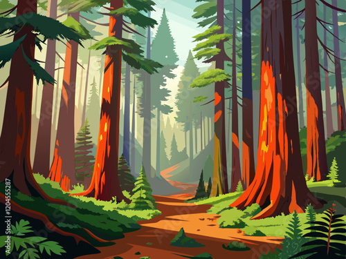 A dense forest in the Pacific Northwest with towering redwoods and moss-covered ground.
