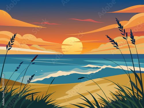 A coastal sunset over the Outer Banks with sand dunes and sea oats.